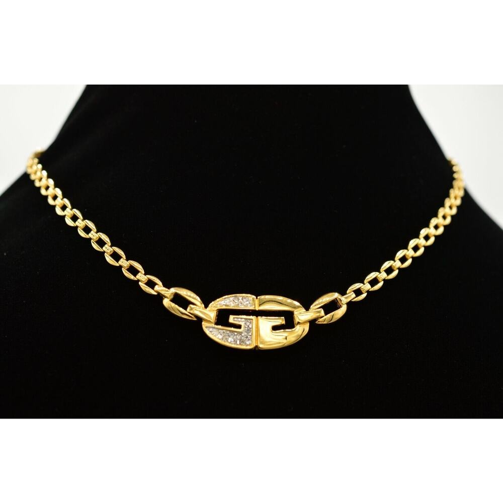 Givenchy Vintage Collar Necklace Rhinestone Linked GG Gold Runway Signed Bin7